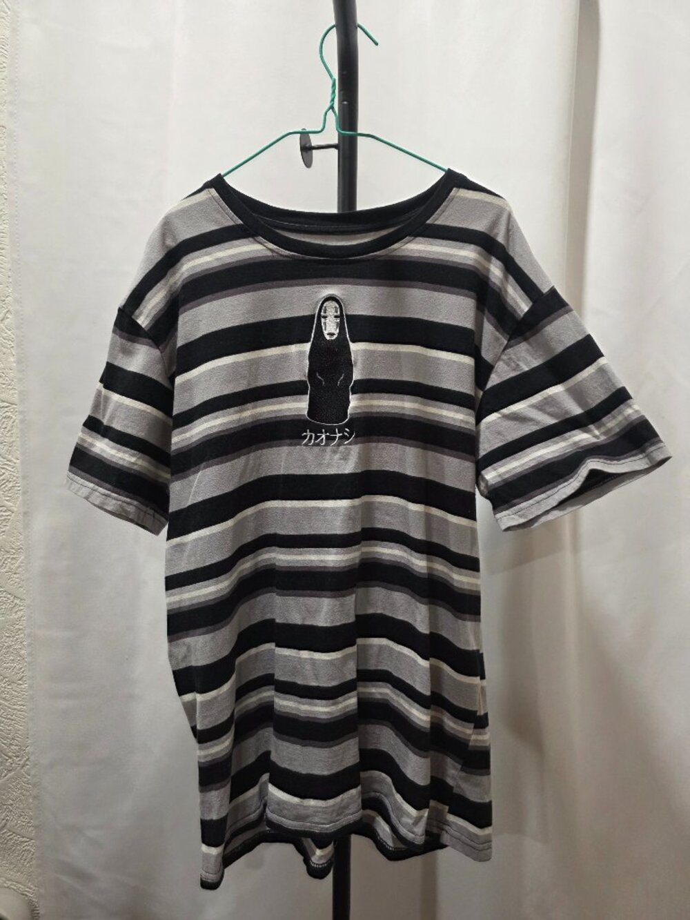 Spirited Away No-Face embroidered grey and black striped tee shirt